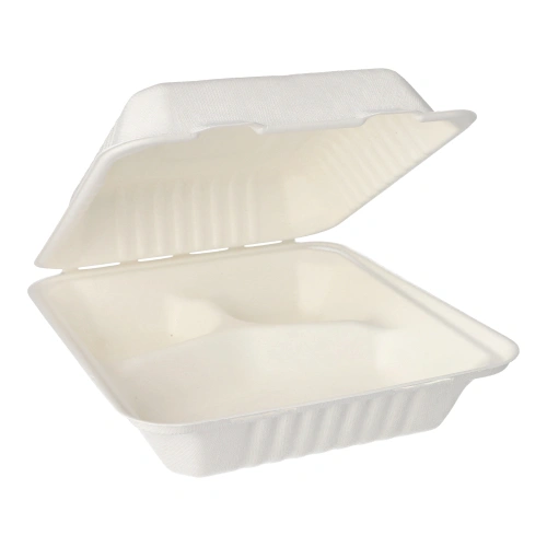 PAPSTAR Menüboxen, Zuckerrohr "pure" 3-geteilt 7,7 cm x 20 cm x 22 cm weiß, 4 x 50 Stück