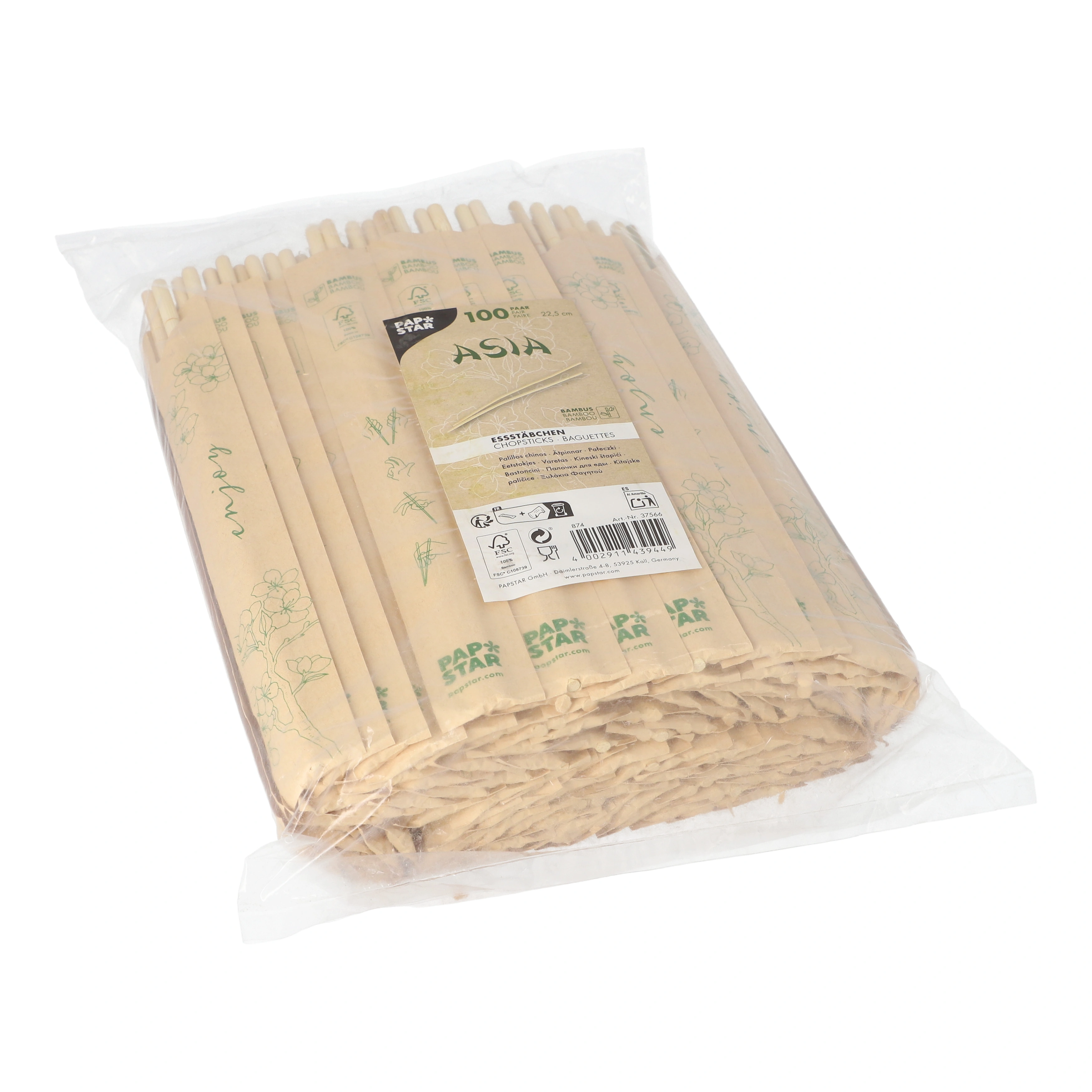 PAPSTAR Essstäbchen Bambus "ASIA" rund 22,5 cm einzeln gehüllt, 10 x 100 Paar