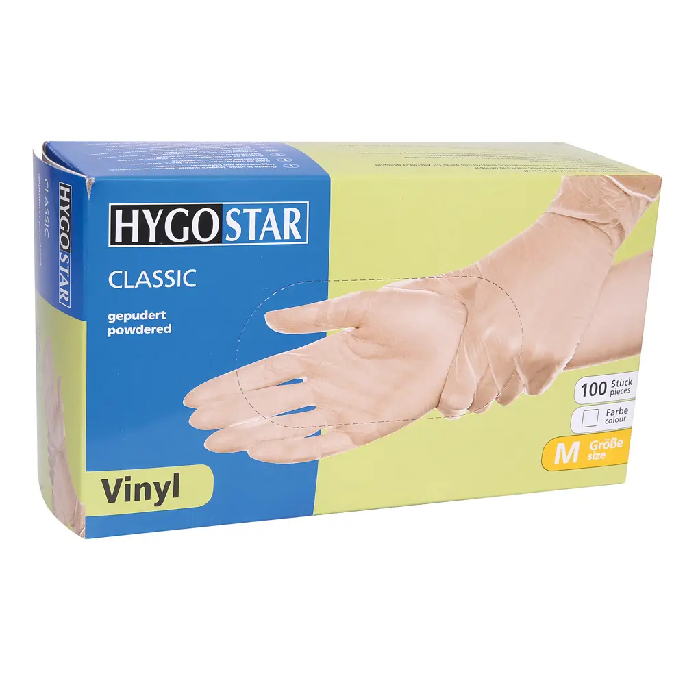 Hygostar Classic Vinylhandschuhe transparent gepudert, latexfreie Einmalhandschuhe aus Vinyl in Spenderbox für Gastronomie, Lebensmittelindustrie und leichte Montagearbeiten