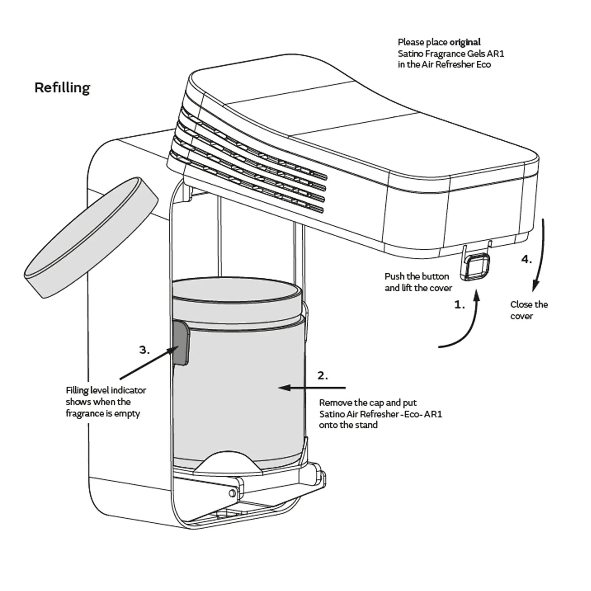 Satino HYGINITY Lufterfrischer Eco AR1 von Satino by Wepa, Nachfüllanleitung mit geöffnetem Spender, Einsatz der 225-ml-Refills und Sichtfenster zur Füllstandskontrolle, AR1