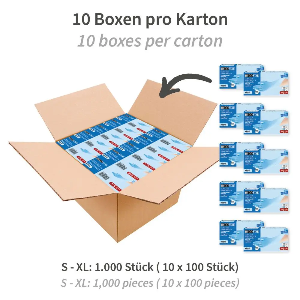 Hygostar Extra Safe Super Stretch Nitrilhandschuhe blau puderfrei, VE 1000 Stück, zeigen offenen Versandkarton mit 10 Boxen à 100 Nitrilhandschuhen für Medizin, Pflege, Gastronomie und Industrie