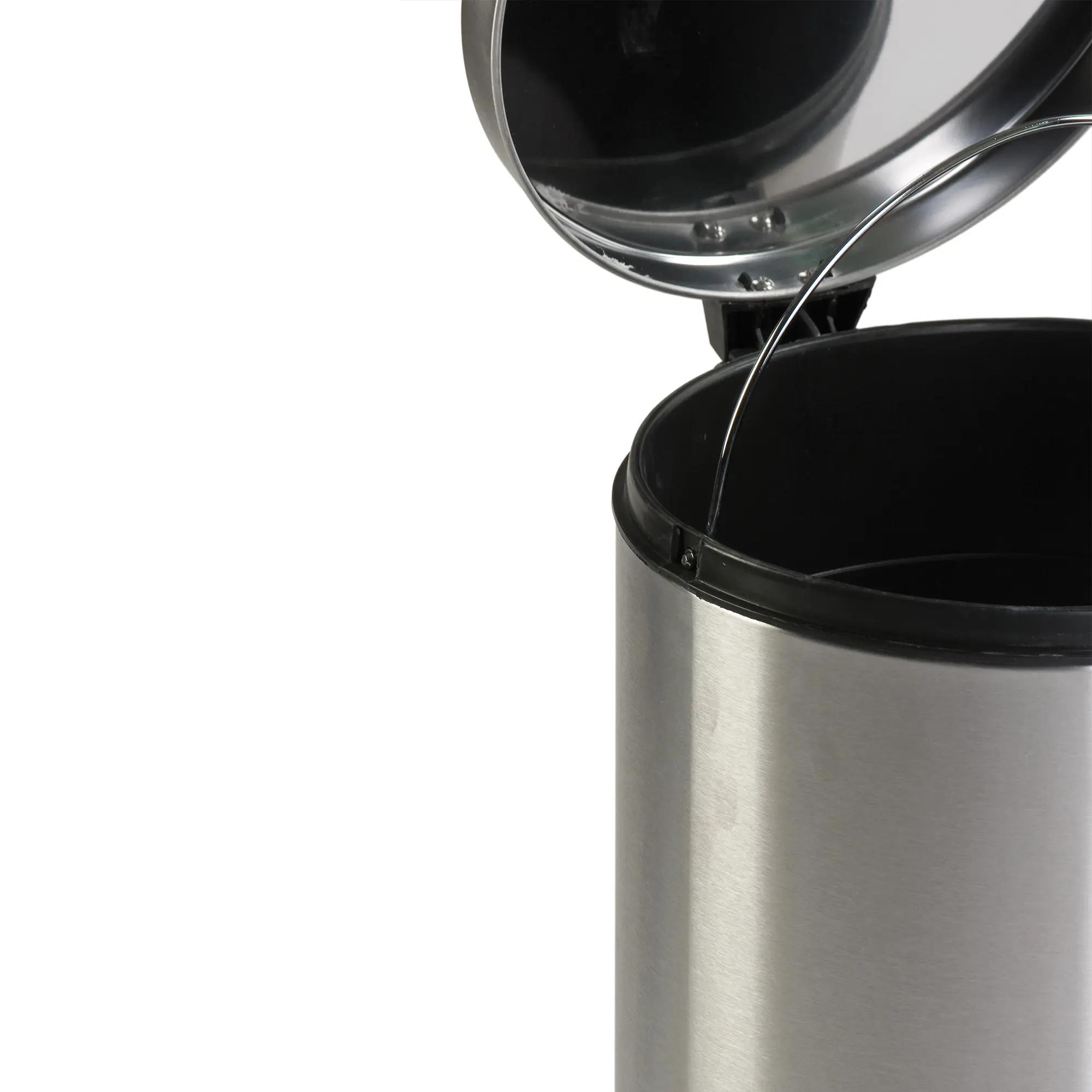 V-Part Tretabfalleimer 30 Liter aus Edelstahl, runde Form mit geöffnetem Deckel und herausnehmbarem Kunststoff-Inneneimer, V-Part 30 L Tretmülleimer