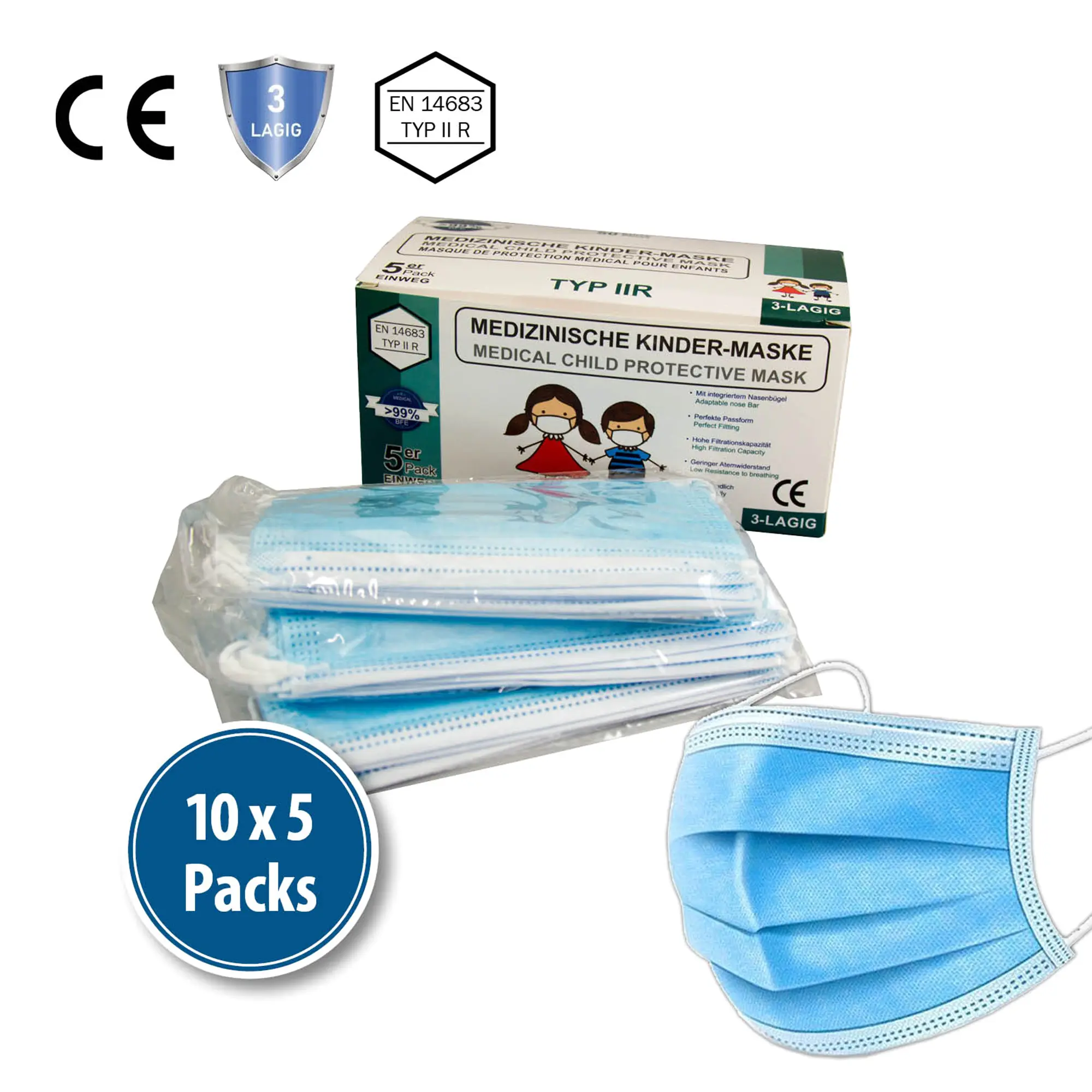 Kindermasken - Mundschutz Kinder Typ II R 3-lagig 50 Stück blau GL52602-24F