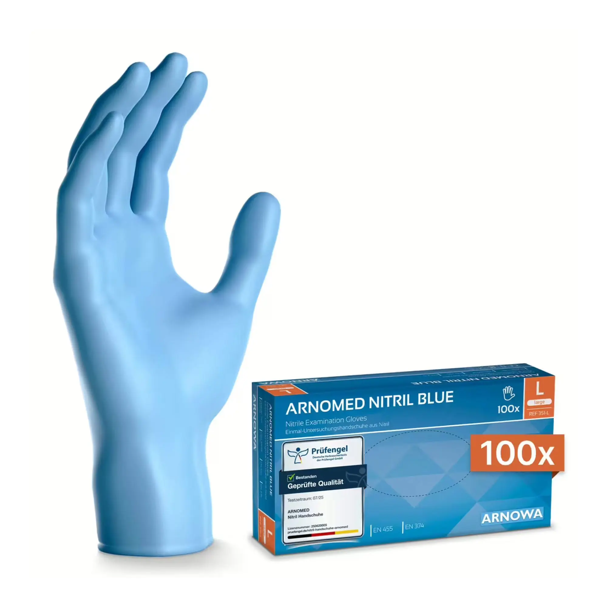 ARNOMED CLASSIC NITRIL BLUE Nitrilhandschuhe blau puderfrei, fingertexturiert, reißfest und elastisch für medizinische und hygienische Einsätze, 100 Stück Größe L von ARNOMED