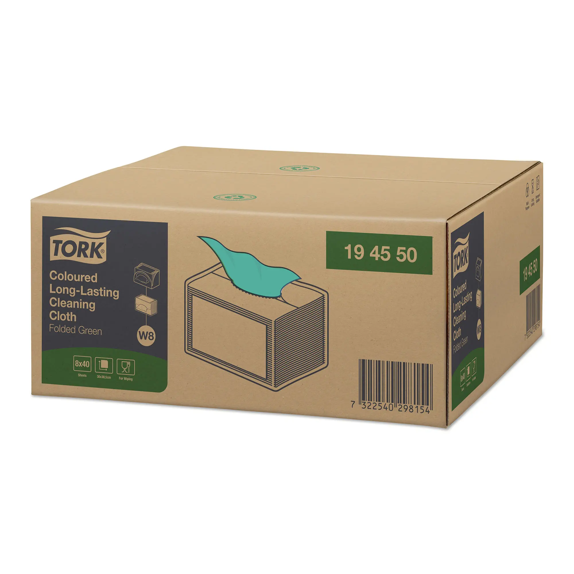 Tork Premium langlebige, farbige Reinigungstücher W8, 1‑lagig, 30 x 38 cm, 320 grüne Mehrweg-Reinigungstücher im Karton, Artikelnummer 194550