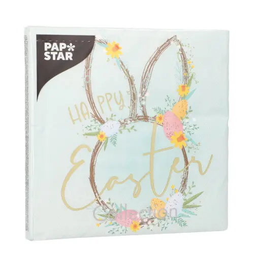 PAPSTAR Servietten, 3-lagig 1/4-Falz 33 x 33 cm "Easter Accents" in Pastellgrün mit Happy-Easter-Schriftzug, Hasenohren-Kranz, Ostereiern und Blumen, umweltfreundliche Tissue-Servietten