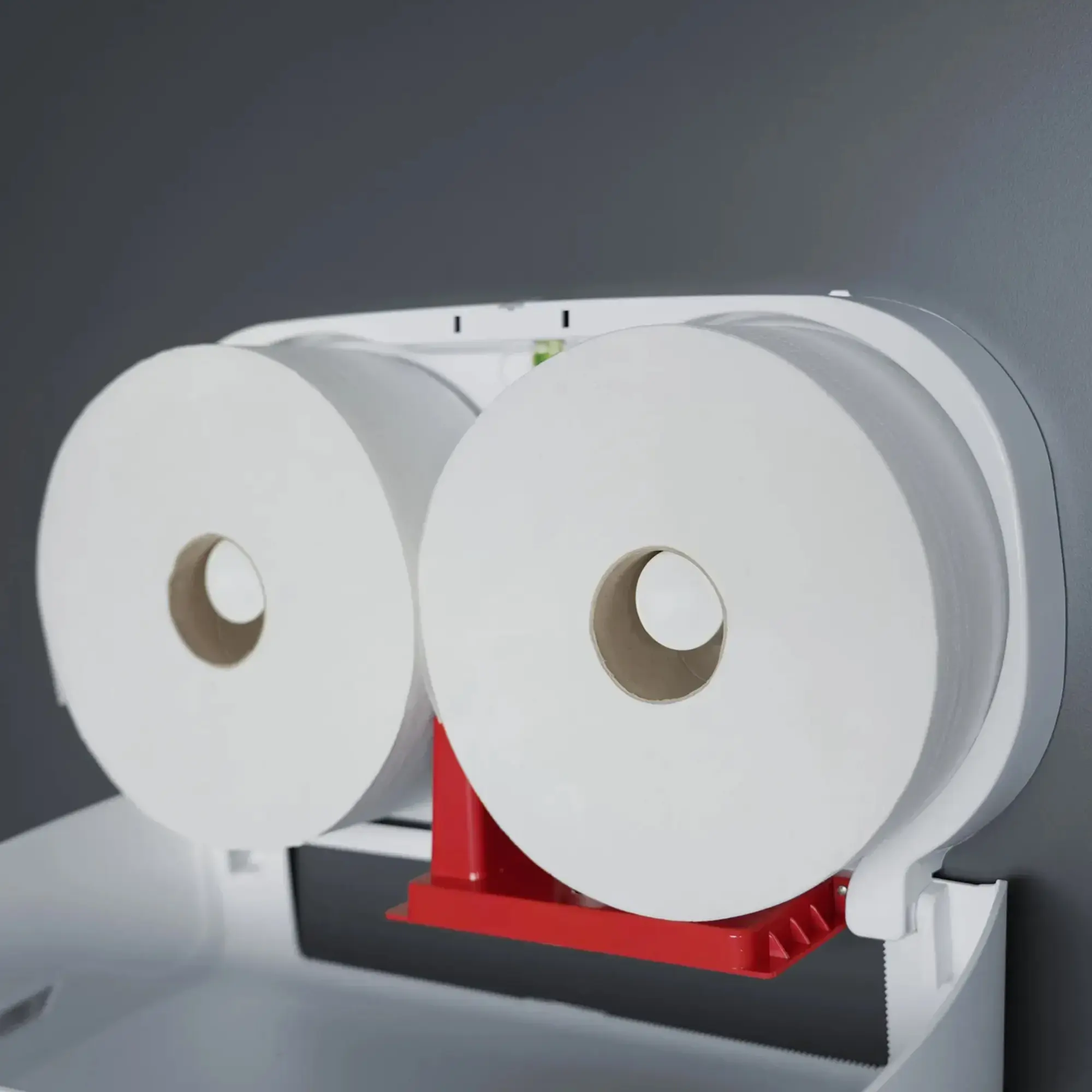 SEMYtop Maxi Jumbo Toilettenpapierspender für 2 Rollen bis Ø 23 cm aus schlagfestem Kunststoff, Wandmontage, innenliegende Duo-Jumbo-WC-Rollen auf roter Halterung
