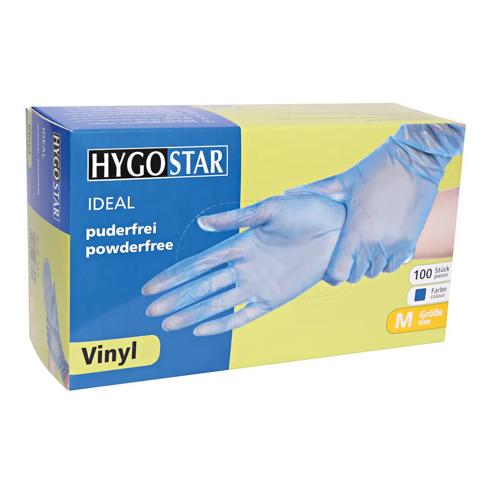 Hygostar Ideal Vinylhandschuhe blau puderfrei, latexfreie Vinyl-Einmalhandschuhe in Spenderbox für hygienische Arbeiten in Gastronomie, Lebensmittelindustrie und Pflege, VE 1000 Stück