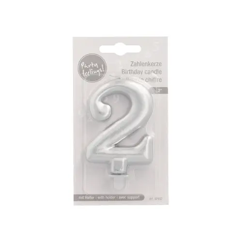 PAPSTAR Zahlenkerze mit Halter 7 cm silber "2", 7 cm hohe Paraffinkerze für Kuchen, Torten, Geburtstage und Jubiläen, sauber brennend, Art. 37157