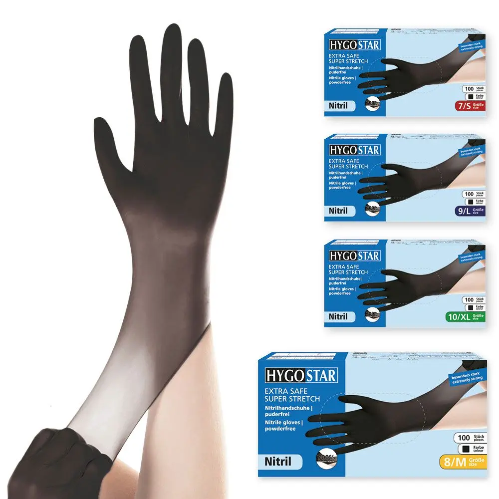 Hygostar Extra Safe Super Stretch Nitrilhandschuhe schwarz puderfrei, schwarze Nitril-Einweghandschuhe in verschiedenen Größen auf Umverpackungen, VE 1000 Stück
