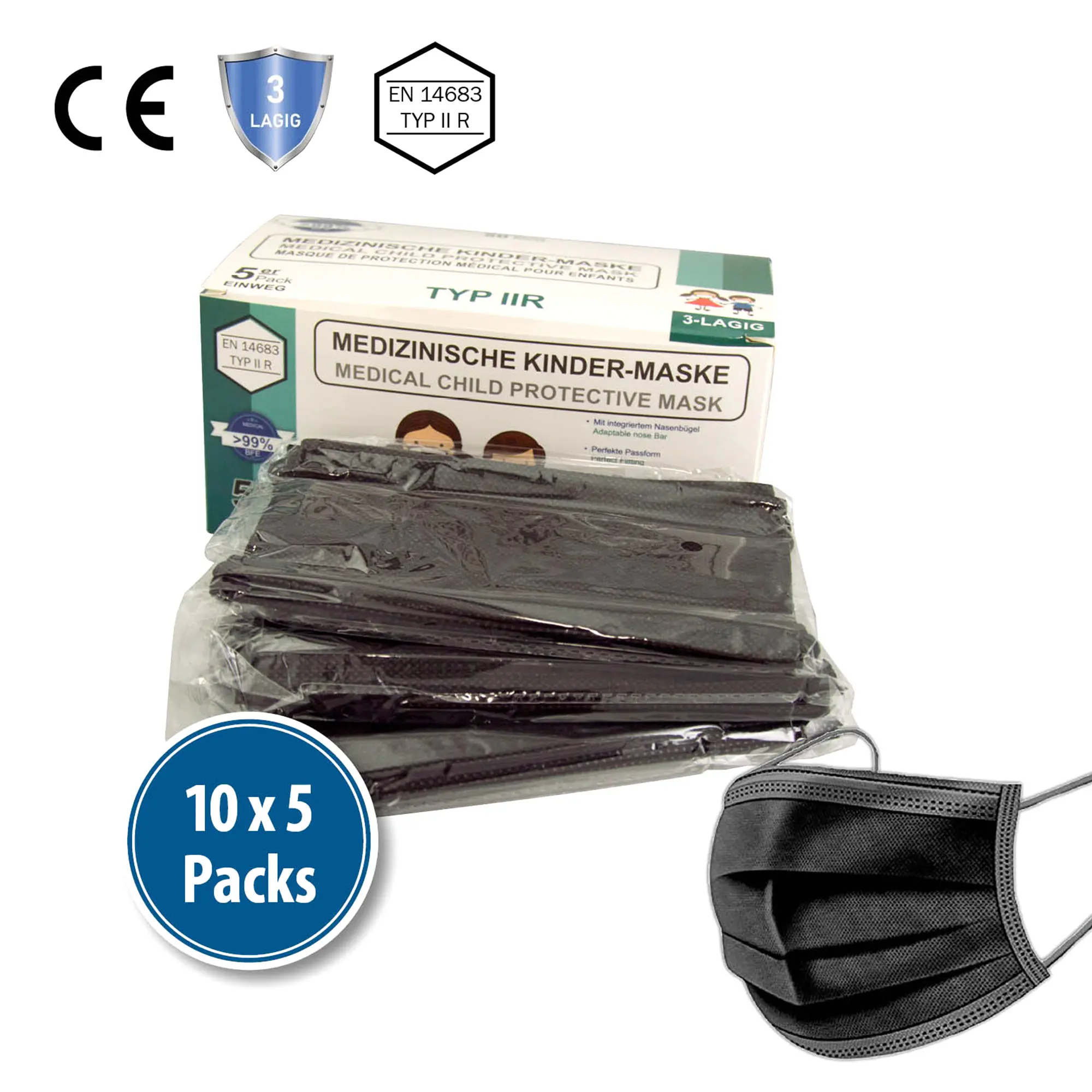 Kindermasken - Mundschutz für Kinder Typ II R 3-lagig 50 Stück schwarz, medizinische Gesichtsmaske mit Nasenbügel von Sarima-Hygiene