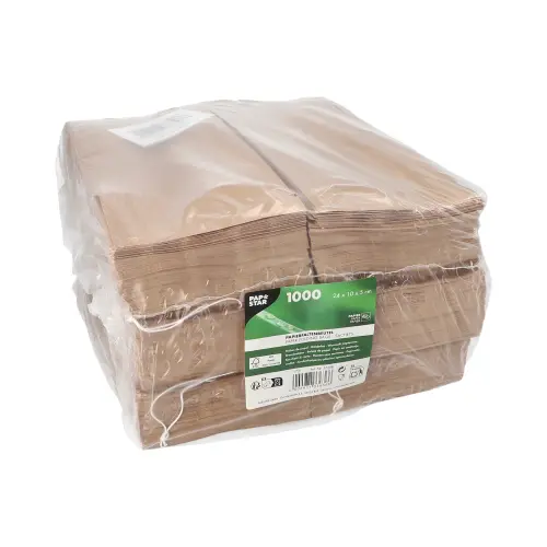 PAPSTAR Papierfaltenbeutel gefädelt aus braunem Kraftpapier 24 x 10 x 5 cm, Vorratspack für Brot, Brötchen und Snacks, Füllinhalt 0,75 kg, Art.-Nr. 37308