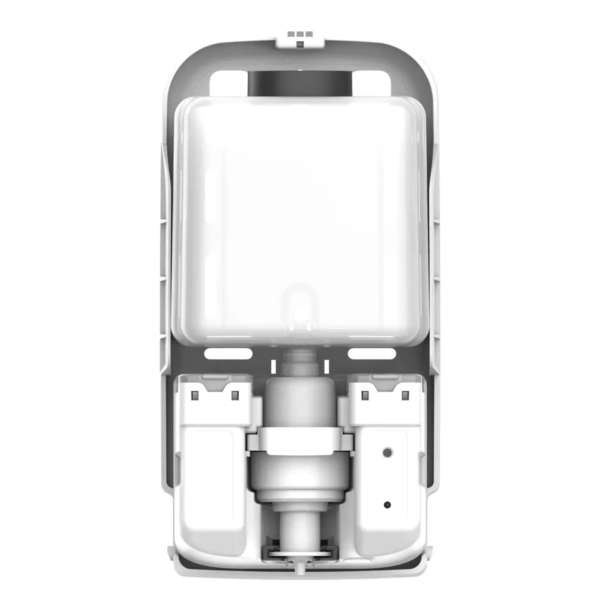 SEMYtop Sensor Schaumseifenspender 1000 ml Kunststoff, Innenansicht des automatischen, frei nachfüllbaren Schaumseifenspenders aus der Black & White Hygienespender-Linie