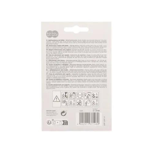PAPSTAR Jubiläumskerzen mit Halter 7 cm gold "60", Rückseite der Verpackung mit mehrsprachigen Sicherheitshinweisen, Piktogrammen und Barcode, Artikelnummer 37148
