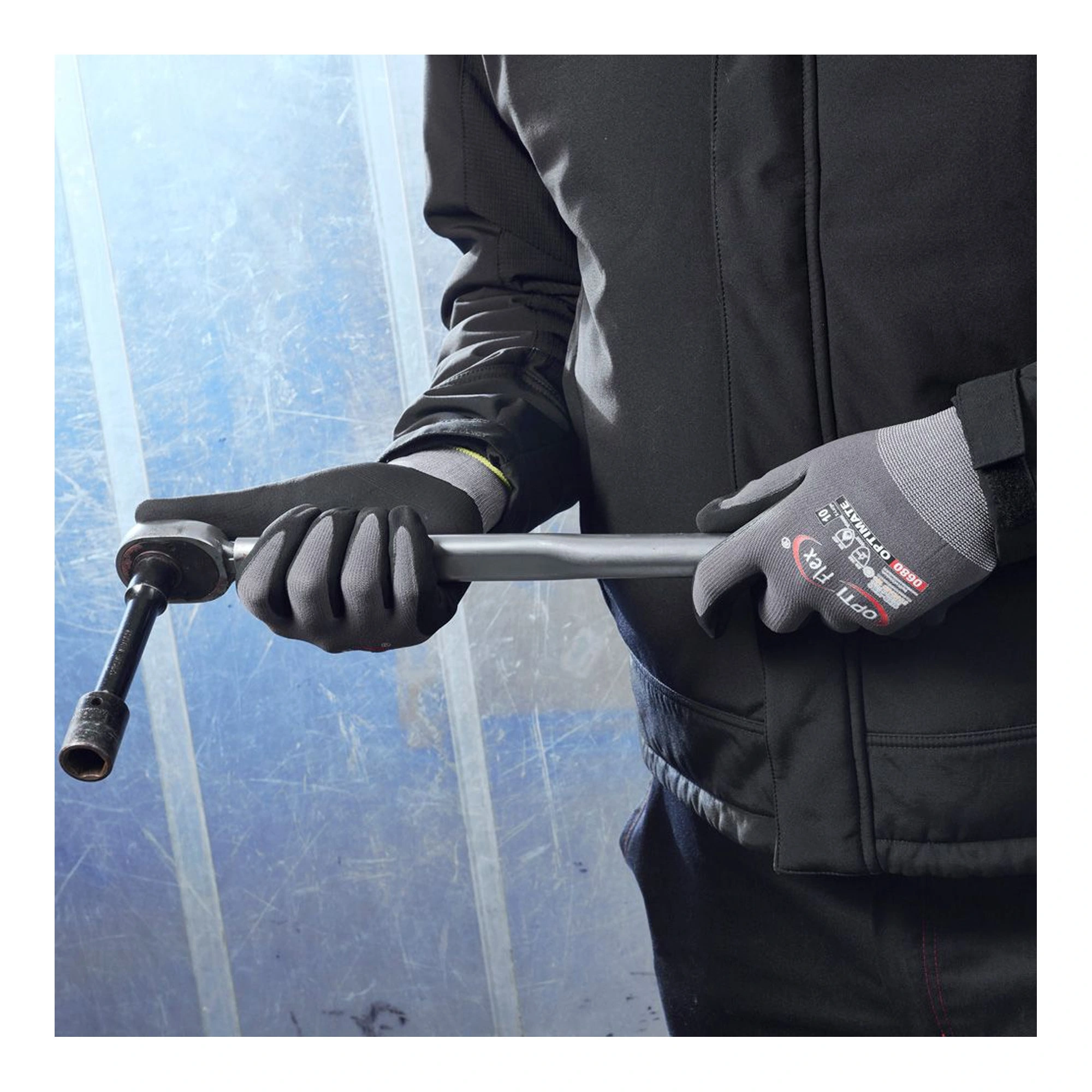 Optiflex Optimate 0680 Feinstrickhandschuhe mit Nitrilschaum und PU-Beschichtung grau/schwarz von Optiflex, im Einsatz bei leichten Montage- und Wartungsarbeiten, VE 144 Paar, Art.-Nr. 0680