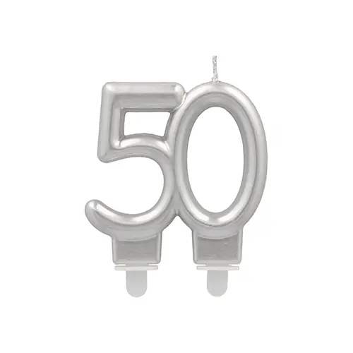 PAPSTAR Jubiläumskerzen mit Halter 7 cm silber "50", paraffinkerze mit stabilem Halter für Torten und Kuchen zum 50. Geburtstag oder Jubiläum