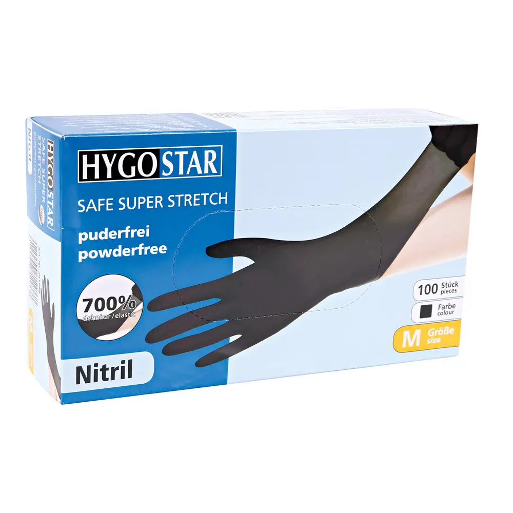 Hygostar Safe Super Stretch Nitrilhandschuhe schwarz puderfrei, extra lange und dehnbare Nitrilhandschuhe für Medizin, Labor, Pflege, Gastronomie und Lebensmittelindustrie, VE 1000 Stück