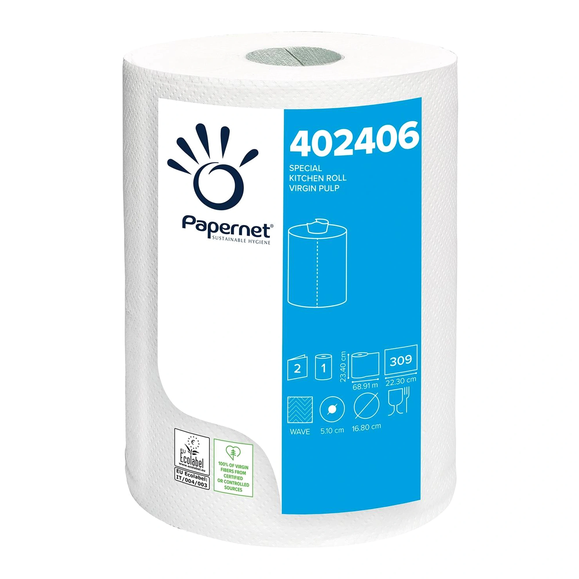 Papernet Küchenrolle 2-lagig weiß, 309 Blatt, 69 m aus 100 % Zellstoff mit Wave-Prägung, lebensmittelgeeignet, Artikelnummer 402406