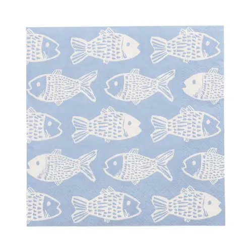 PAPSTAR Servietten, 3-lagig 1/4-Falz 33 x 33 cm Fish, blaue FSC-zertifizierte Tissue-Serviette mit weißen Fischmotiven für maritime Tischdekoration