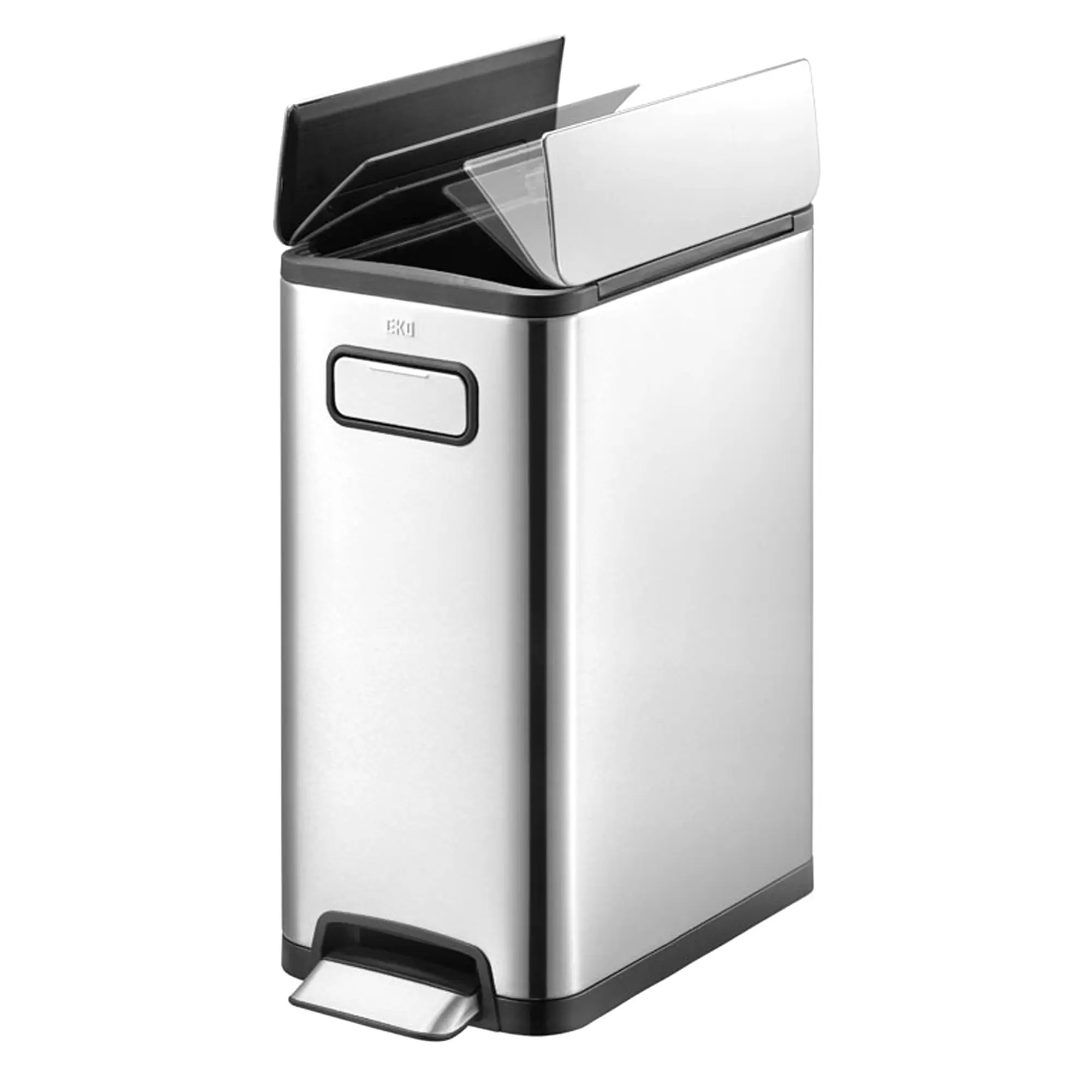 EKO Ecofly Tretmülleimer Edelstahl 30 Liter mit schmalem Design, zweigeteilt öffnendem Deckel, Fußpedal und integrierten Rollen, ideal für Küche und unter Arbeitsplatten