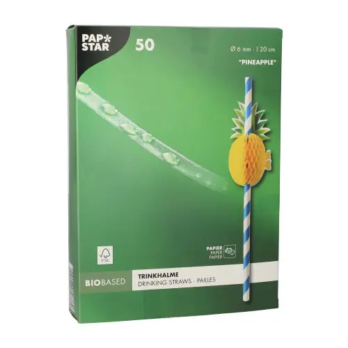 PAPSTAR Trinkhalme, Papier Ø 6 mm, 20 cm blau/weiß "Pineapple", FSC-zertifizierte Papier-Trinkhalme für Cocktails, Limonaden und Partys, 50 Stück pro Packung