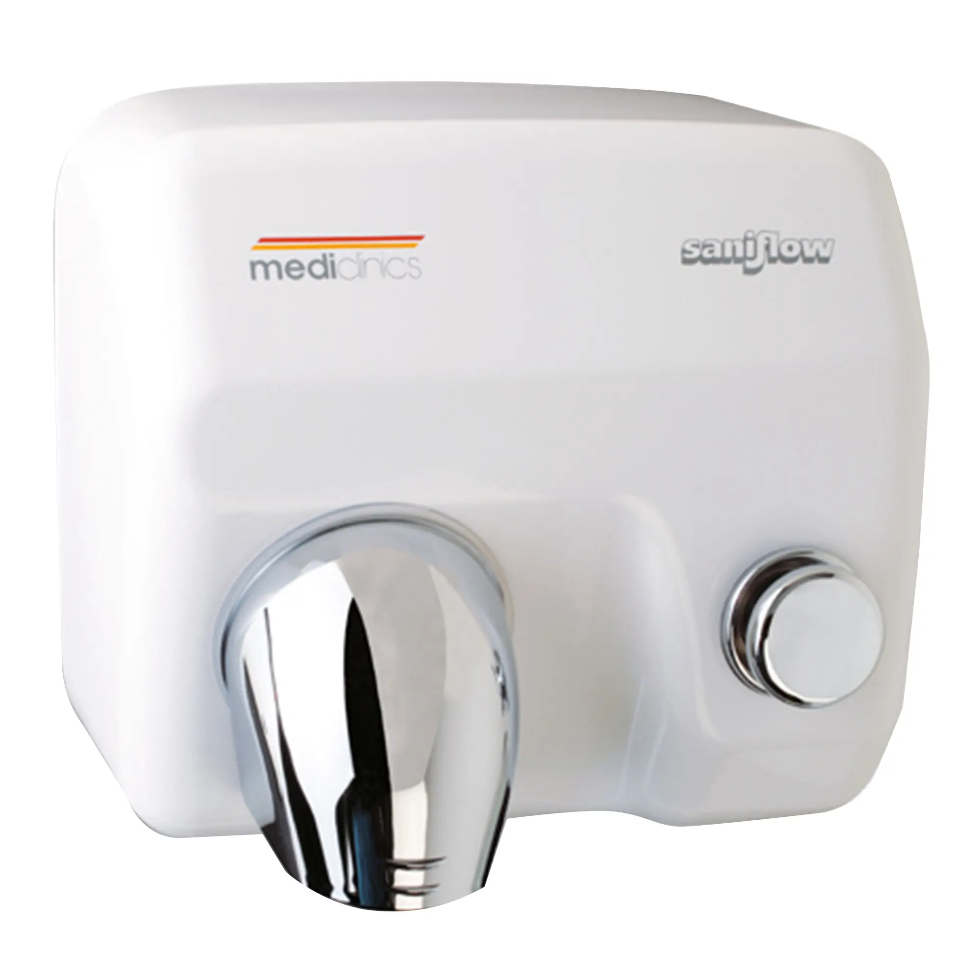 Mediclinics Händetrockner mit Drucktaste Stahl 2250 Watt E05, weißer Wand-Händetrockner mit verchromter Düse und Startknopf, Artikelnummer E05
