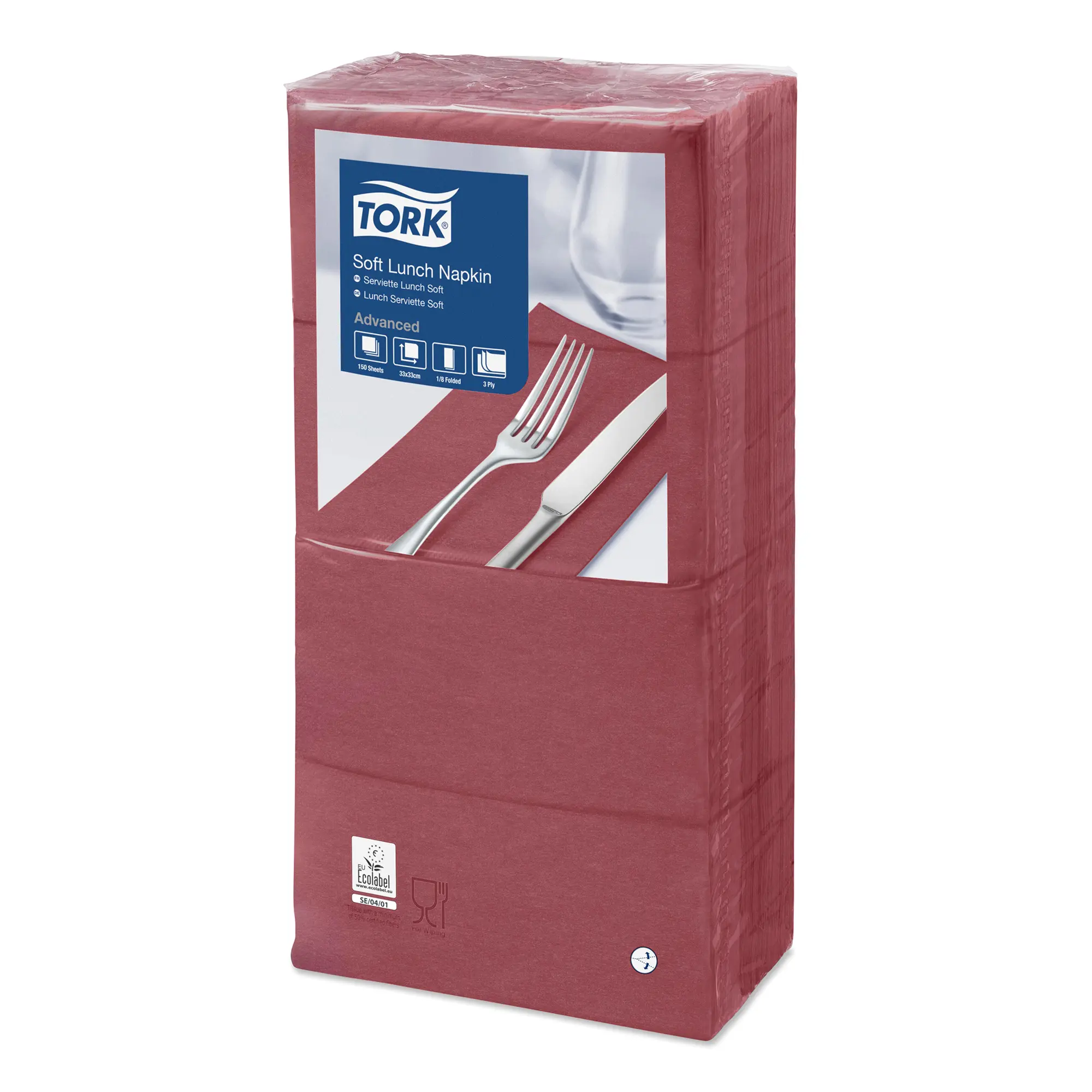 Tork Advanced Soft Lunchserviette 1/8-Falz, 16,3 x 8,2 cm, 3-lagig, bordeauxrot, weiche saugstarke Zellstoffserviette für Gastronomie und Catering, Art.-Nr. 477416