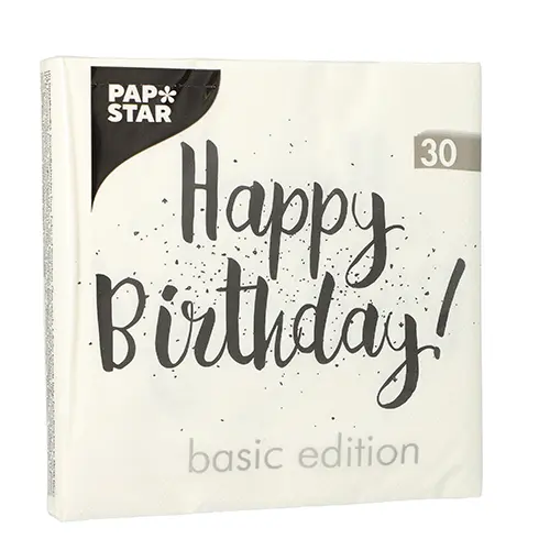 PAPSTAR Servietten, 3-lagig 1/4-Falz 33 cm x 33 cm "Happy Birthday", 12 x 30 Stück