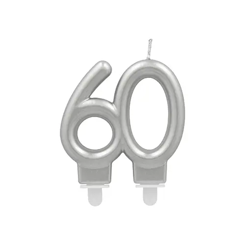 PAPSTAR Jubiläumskerzen mit Halter 7 cm silber "60" für Torten und Kuchen, Jubiläumskerze zum 60. Geburtstag, sauberer Abbrand, Hersteller PAPSTAR
