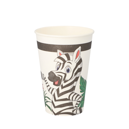 PAPSTAR Trinkbecher Pappe 0,2 l Ø 7 cm, 9,7 cm "Jungle" mit Zebra-, Giraffen-, Löwen- und Nilpferd-Motiv für tropische Partygetränke