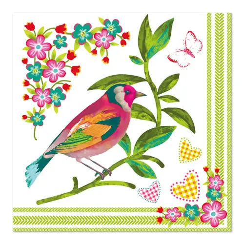 PAPSTAR Servietten 3-lagig 1/4-Falz 33 x 33 cm Birdie, umweltfreundliche FSC-Tissue-Serviette mit farbigem Vogel, Blumen, Herzen und Schmetterling, ideal für Feierlichkeiten