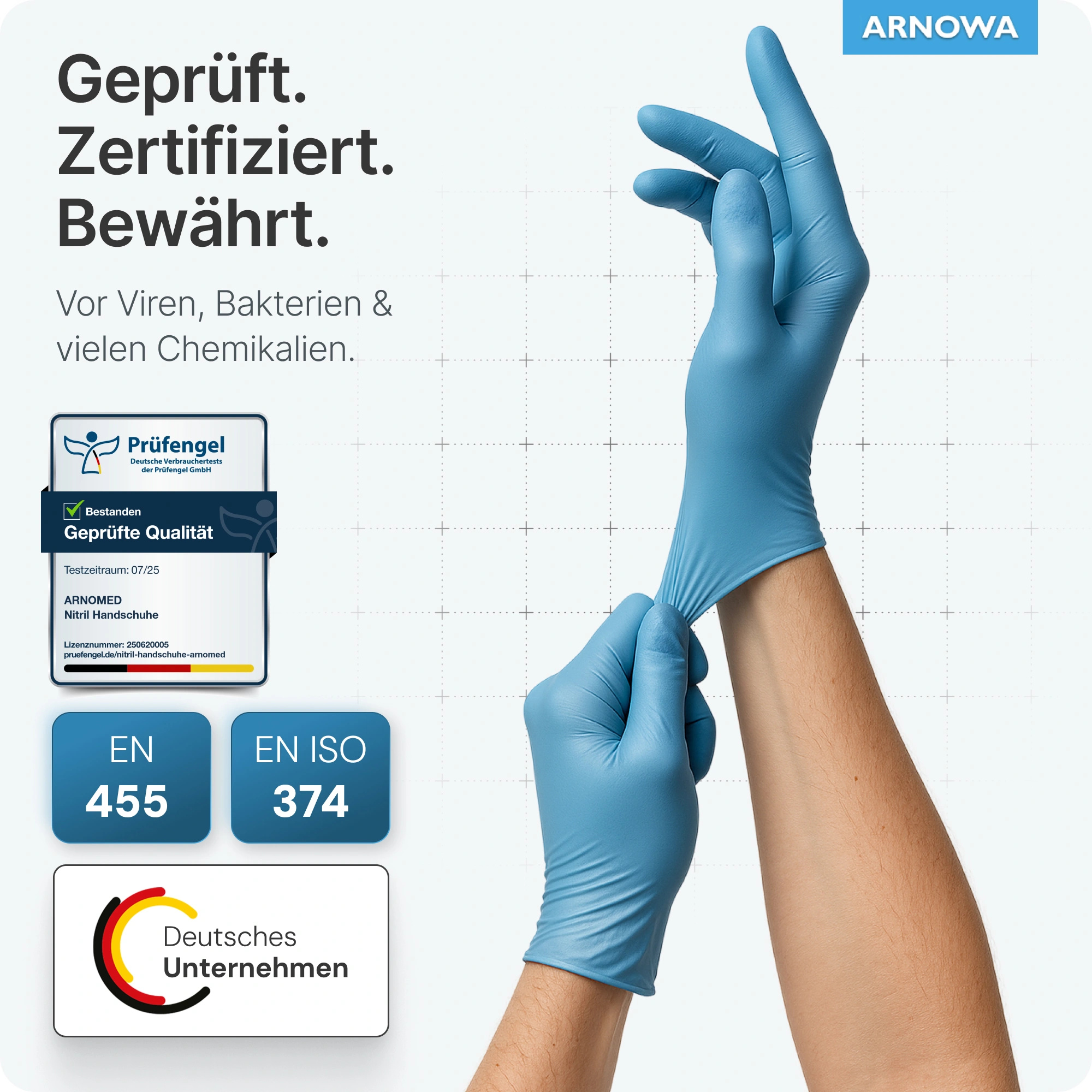 ARNOMED CLASSIC NITRIL BLUE Nitrilhandschuhe blau puderfrei, elastische und reißfeste Untersuchungshandschuhe mit hoher Griffigkeit, zertifiziert nach EN 455 und EN ISO 374 von ARNOMED
