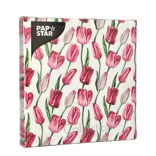 PAPSTAR Servietten, 3-lagig 1/4-Falz 33 x 33 cm "Tulip" mit rosa und roten Tulpen, umweltfreundliche FSC-Tissue-Servietten für festliche Tischdekoration