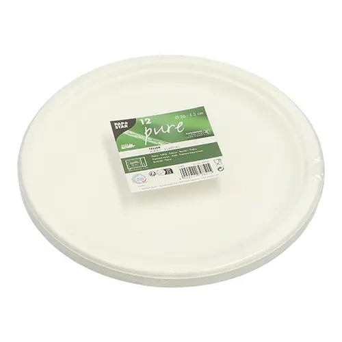 PAPSTAR Teller Zuckerrohr "pure" ungeteilt Ø 26 cm, weiß, stabiles kompostierbares Einweg-Geschirr aus Bagasse, mikrowellengeeignet, 12 Stück, Art.-Nr. 89750