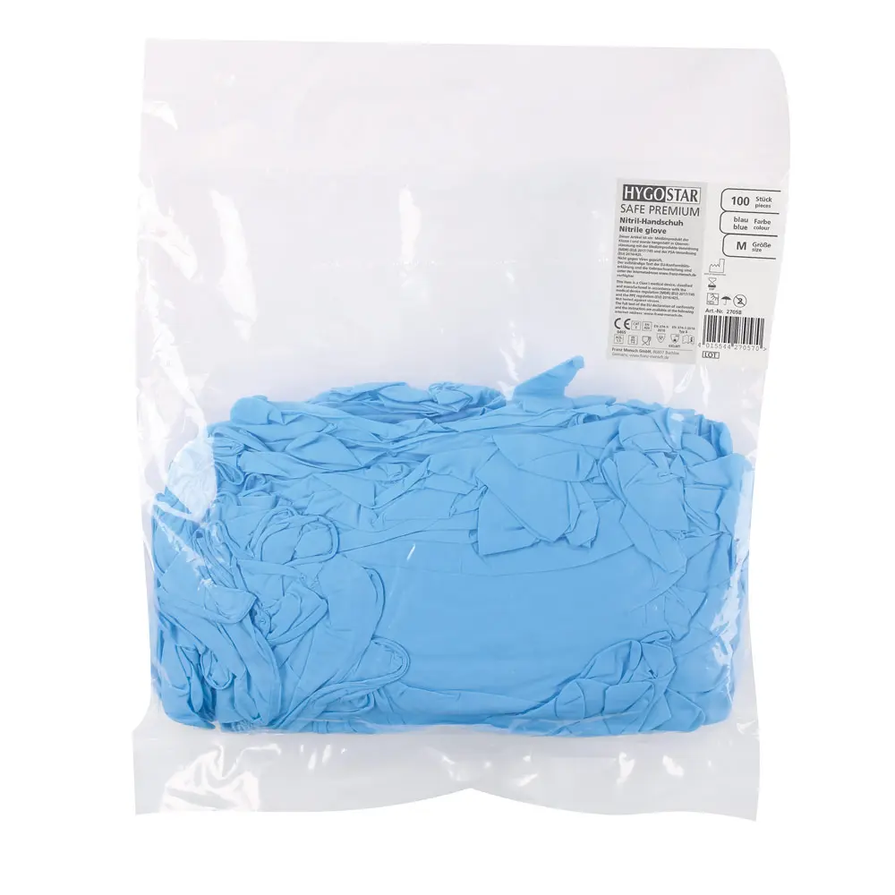 Hygostar Safe Premium Nitrilhandschuhe blau, VE 1000 Stück im Beutel, puderfreie und latexfreie Einweghandschuhe für Medizin, Pflege und Gastronomie, Art.-Nr. 29798