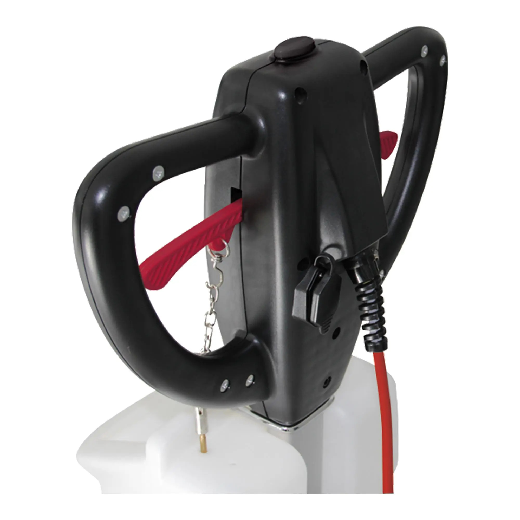 Sprintus Titan Square Exzenter-Einscheibenmaschine inkl. Zubehör-Set, Detailansicht des ergonomischen Doppelgriffs mit Schalter, Kabelaufnahme und Sicherheitseinrichtung