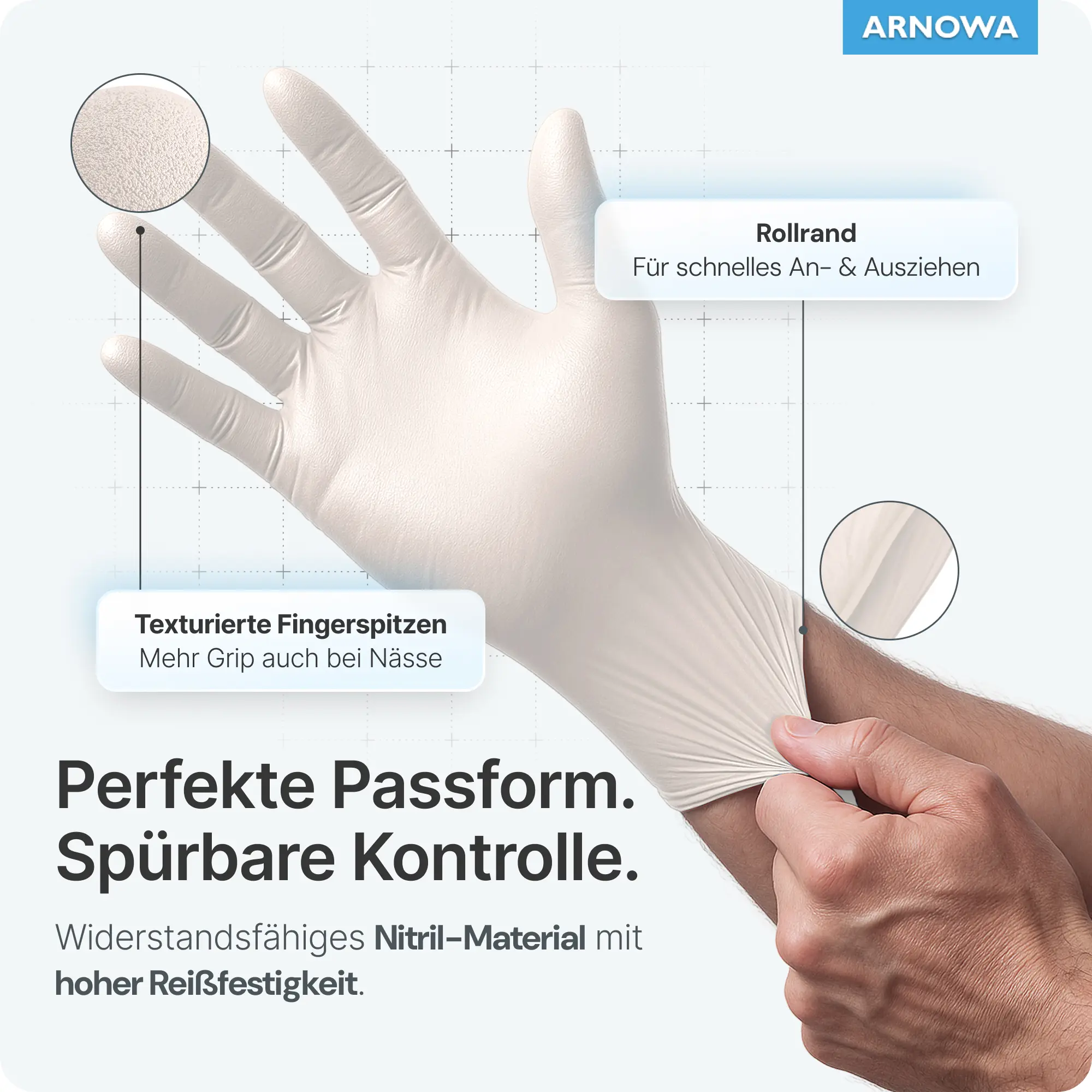 ARNOMED CLASSIC NITRIL WHITE 200er Nitrilhandschuhe weiß puderfrei, latexfreie Untersuchungshandschuhe mit texturierten Fingerspitzen, Rollrand und hoher Reißfestigkeit für Medizin, Pflege und Labor