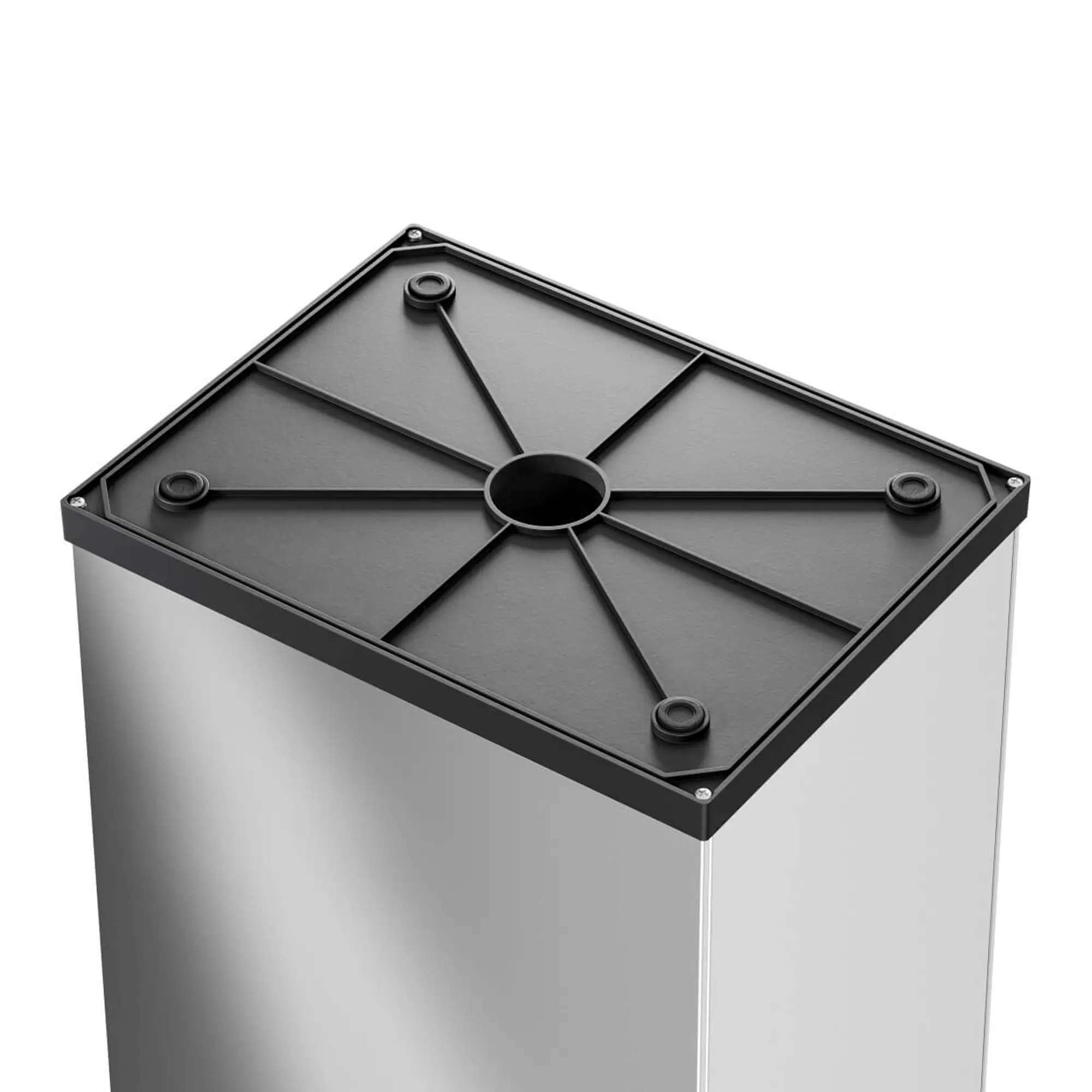 Hailo Großraum-Abfallbox Big-Box Swing XL 52 Liter aus Edelstahl, Detailansicht des stabilen Bodens mit rutschfesten Füßen und Aufnahme für Schwingdeckel