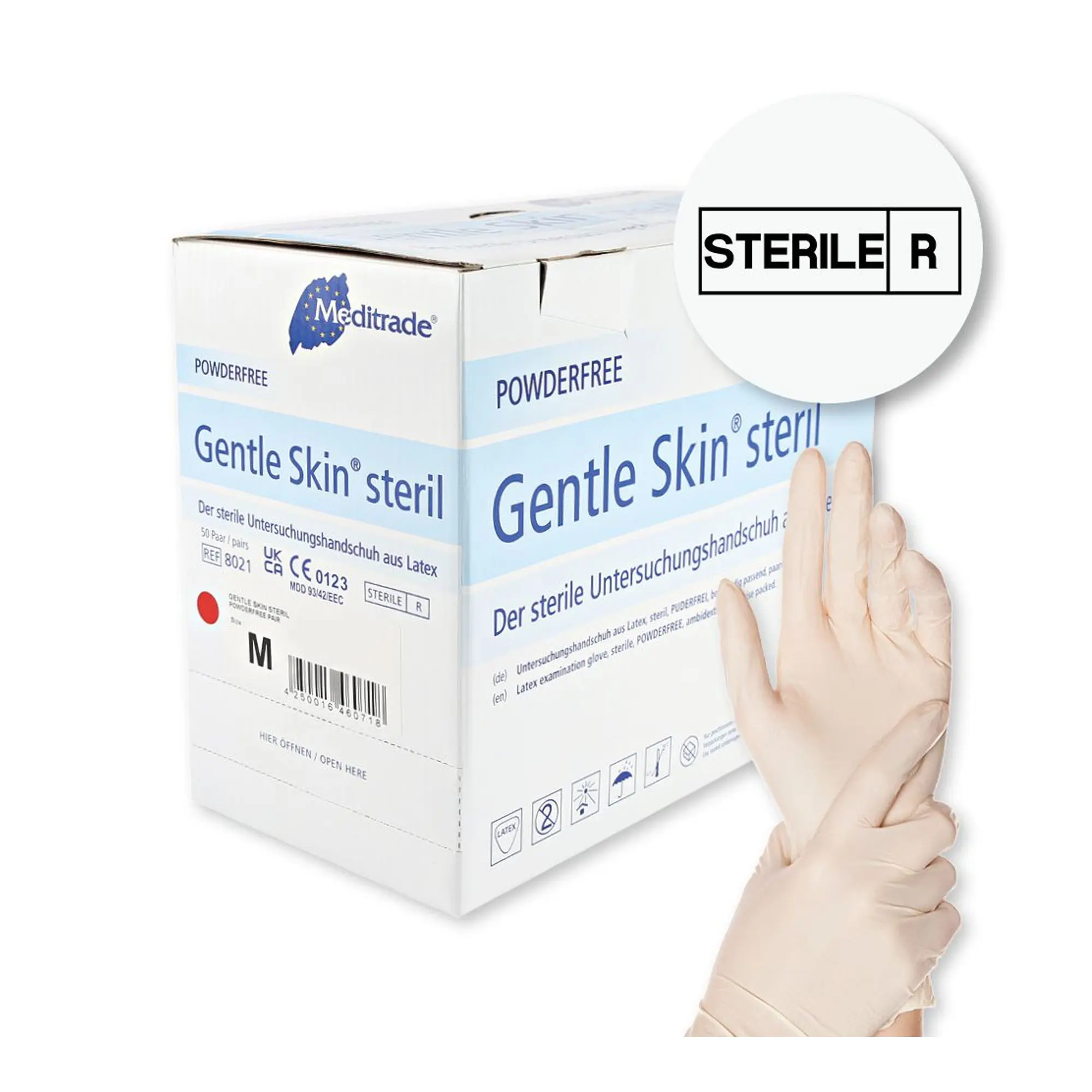 Meditrade Gentle Skin steril Latexhandschuhe weiß puderfrei, VE 200 Paar, sterile puderfreie Latex Untersuchungshandschuhe für Alten- und Krankenpflege, Größe M, REF 8021