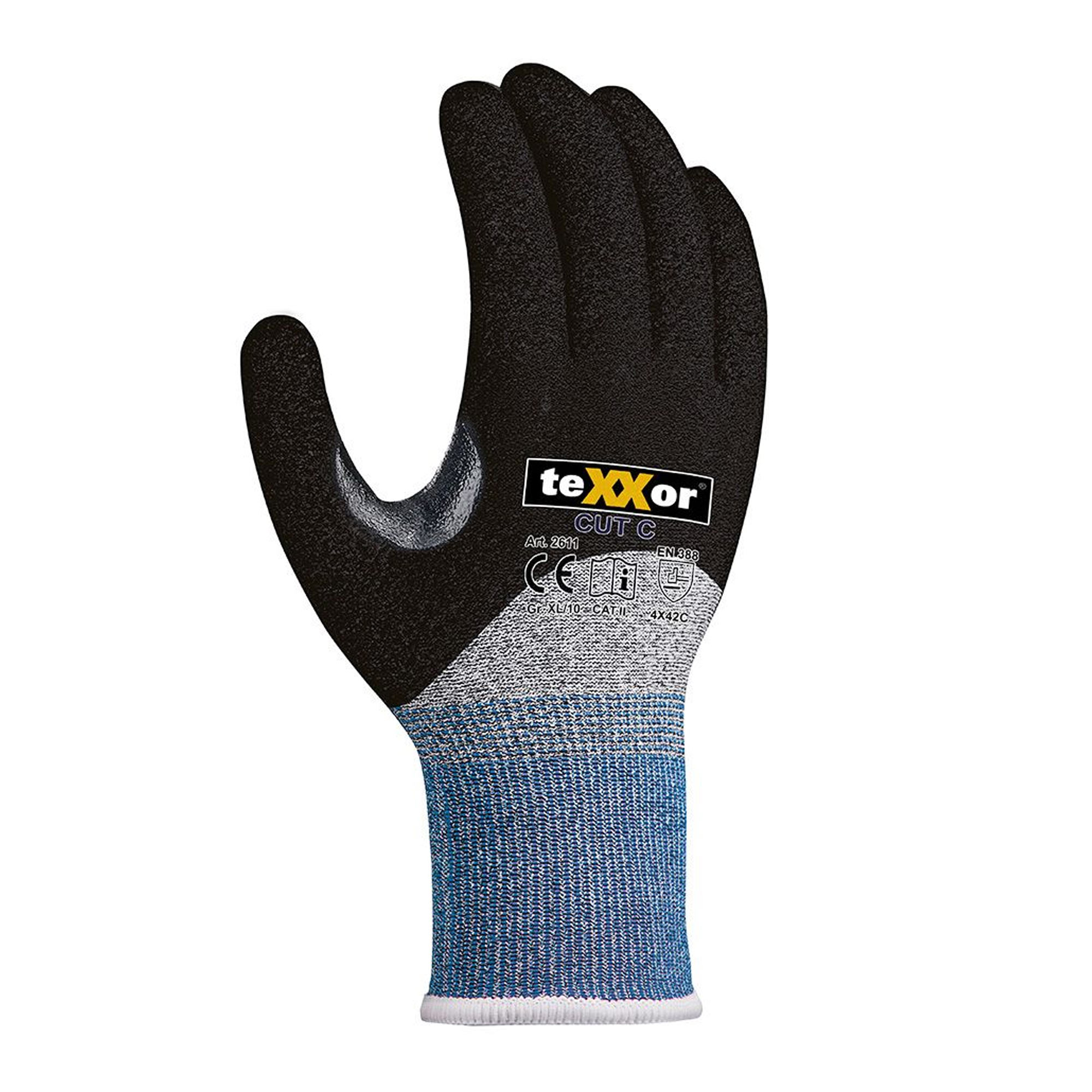 teXXor 2611, CUT C Schnittschutzhandschuhe grau-meliert/blau/schwarz, VE 144 Paar