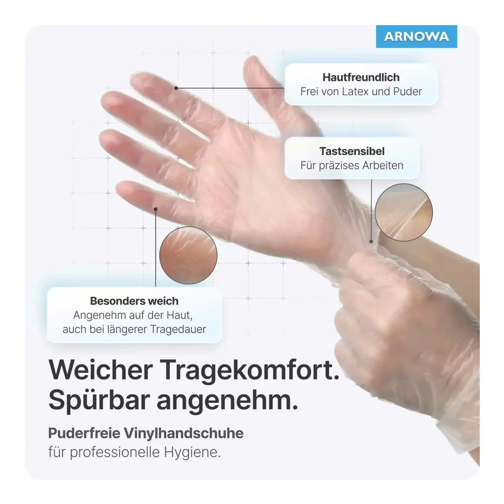 ARNOMED CLASSIC VINYL PF Vinylhandschuhe transparent puderfrei, weiche latexfreie Einmalhandschuhe mit hohem Tragekomfort und Tastgefühl für Medizin, Labor und Lebensmittelhygiene, VE 100 Stück