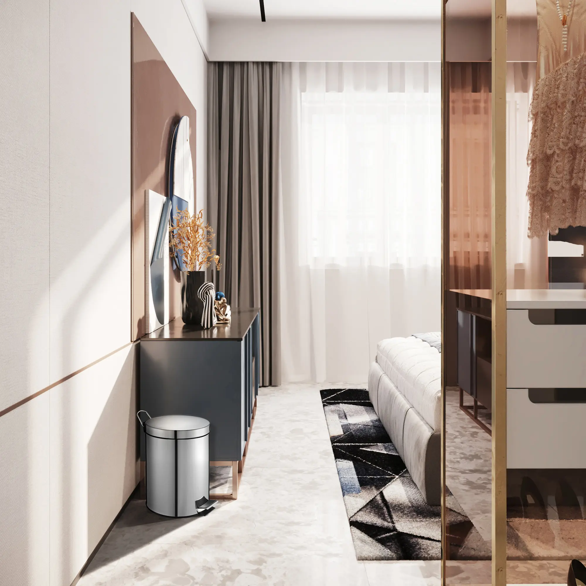 V-Part Tretabfalleimer 5 Liter in Edelstahl, runder Tretmülleimer mit Kunststoff-Inneneimer und Tragegriff, platzsparend neben Sideboard im Schlafzimmer positioniert