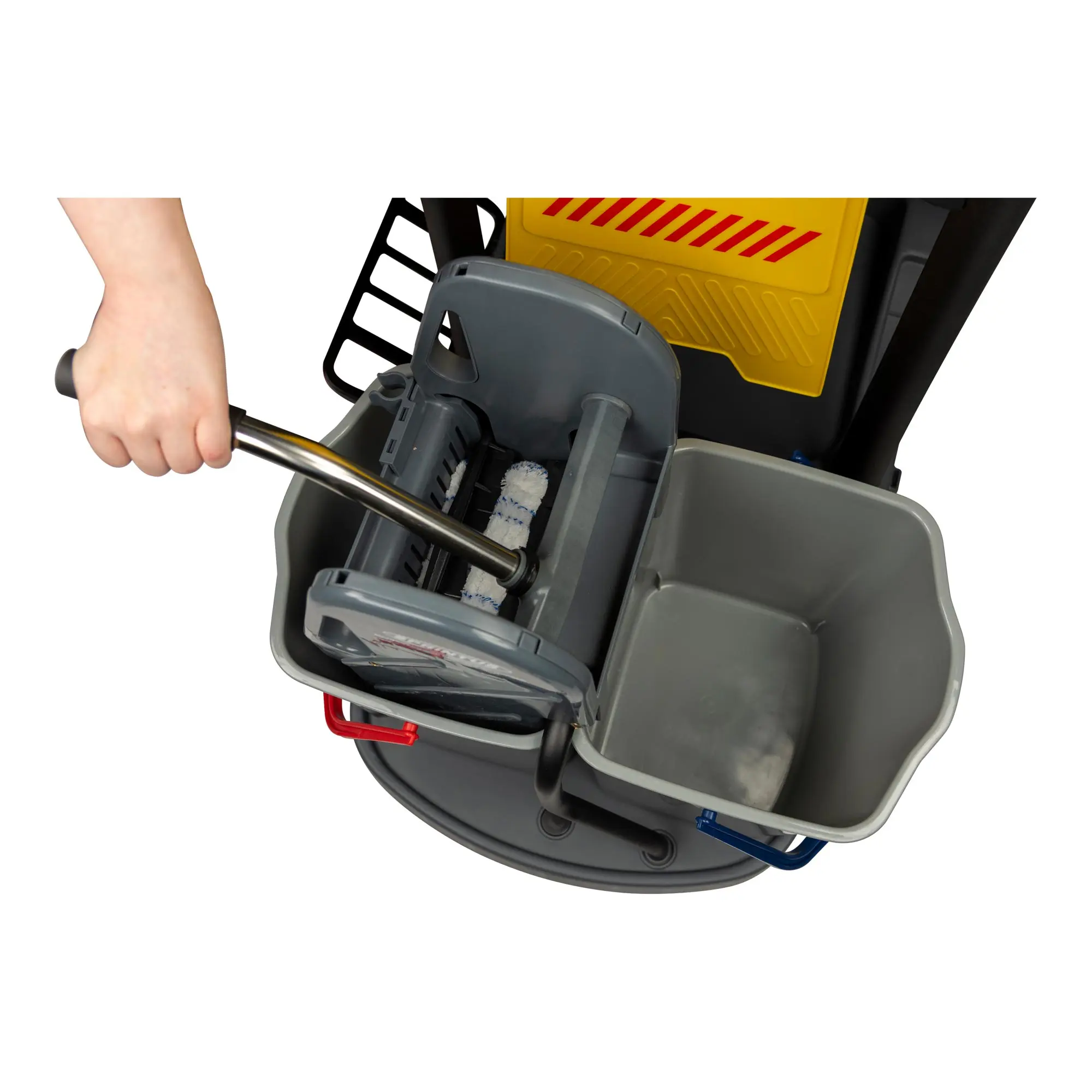 Sprintus PuriX Starter Set 40 u. 50 cm mit Reinigungswagen, gezeigt mit ergonomischer Doppel-Eimer-Pressmechanik zum Auspressen des Wischbezugs für professionelle Bodenreinigung in Hotels und Einrichtungen